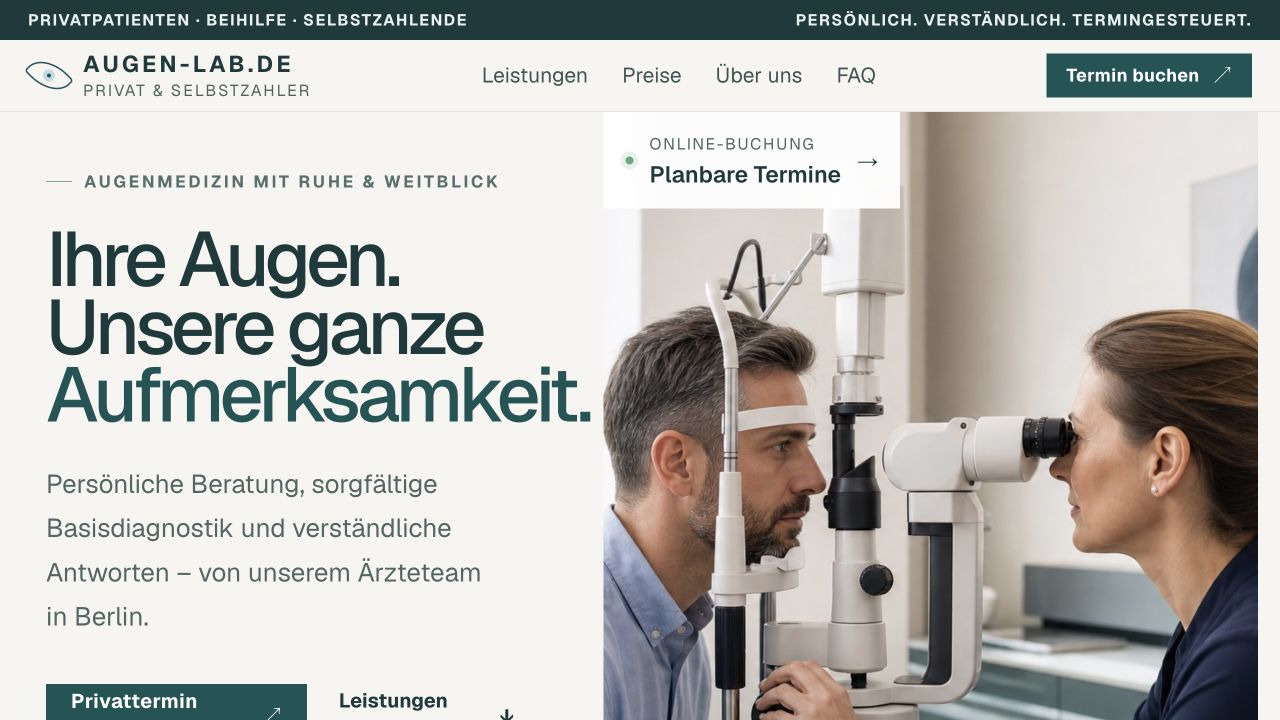 Startseite von Augen-Lab mit einer augenärztlichen Untersuchung.