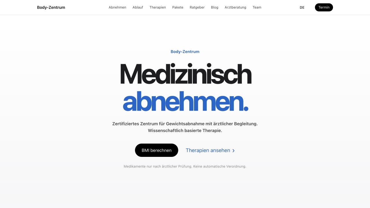 Startseite des Body-Zentrums mit der Überschrift Medizinisch abnehmen.