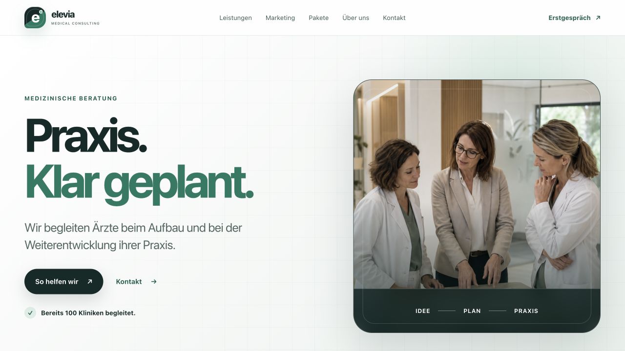 Startseite von Elevia Medical mit einer Praxisberatung.